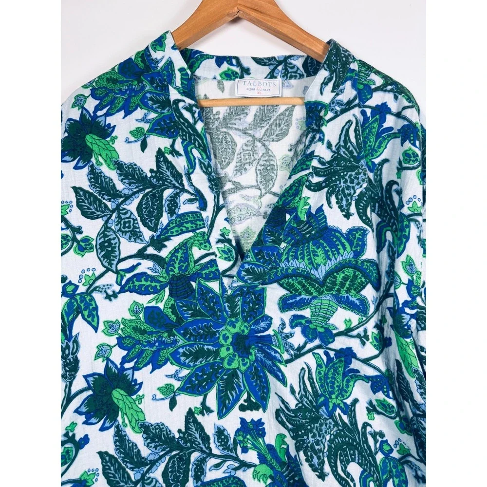 Talbots Aqua Club Cover Up Top XL Blue Green Floral Cotton Popover Swim Resort